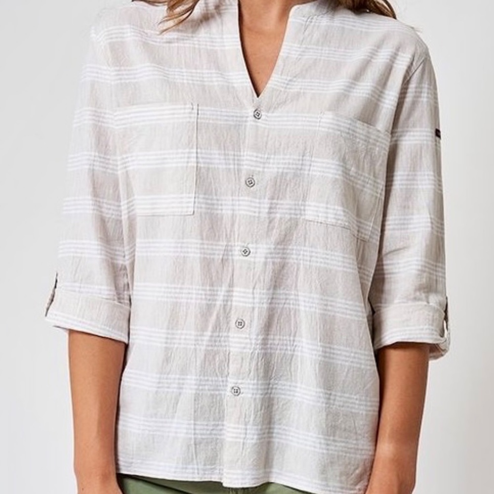 NWT Gray & White Linen Mandarin Collar Top SZ‎ EU 40 US 10